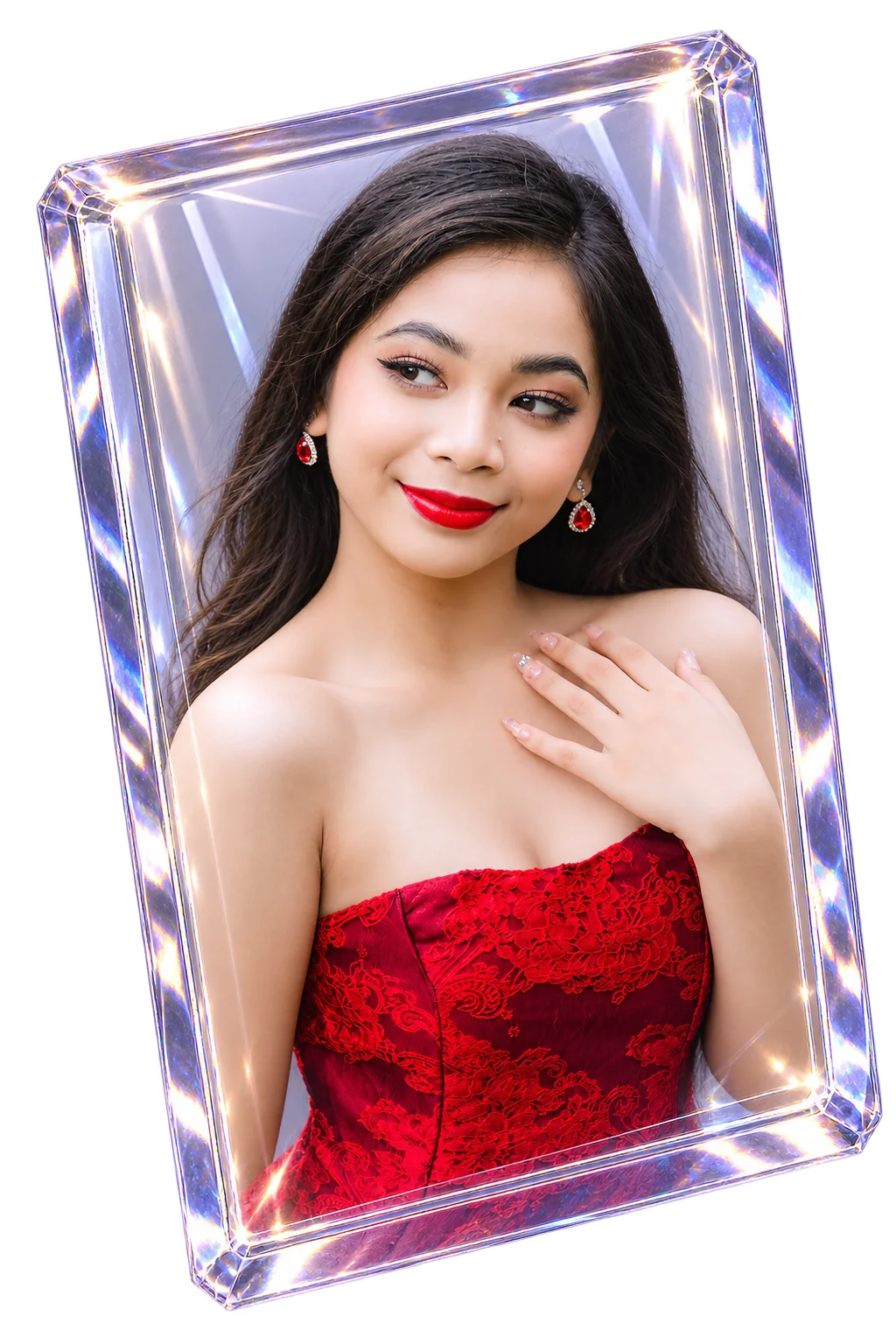 Isabel wearing a red formal gown in an illuminated crystal frame