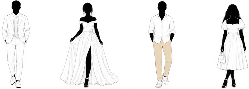 Formal white attire inspiration with two menswear and two dress options