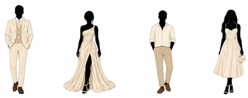 Formal ivory and cream attire inspiration with two menswear and two dress options